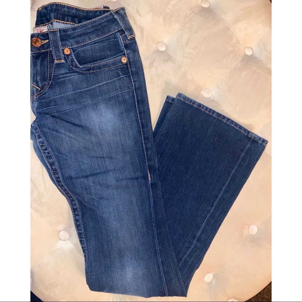TRUE RELIGION BOOT CUT JEANS MID-DARK WASH SIZE 27